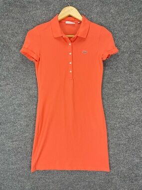 Lacoste Polo Dress Women’s XS 34 Orange Cotton Stretch Shirt Dress 4 Button Logo